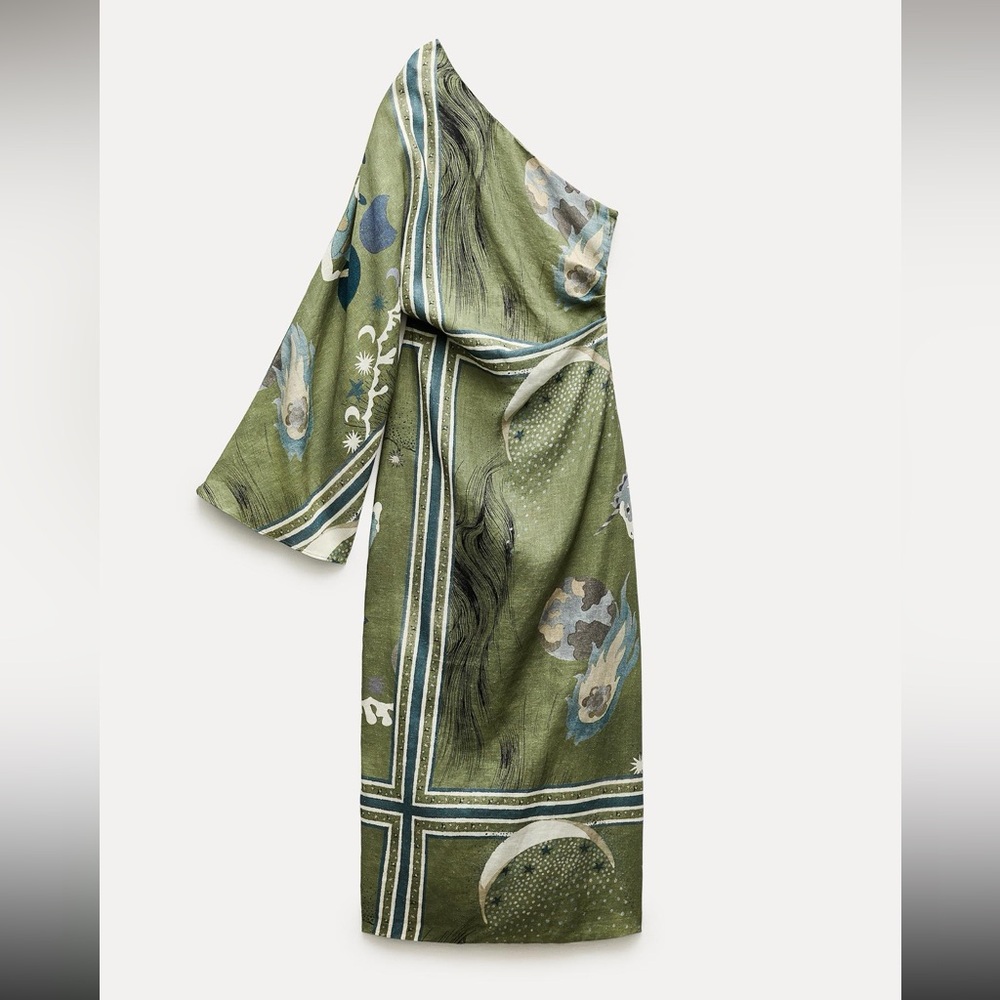 NWT Zara celestial printed linen blend one shoulder midi dress